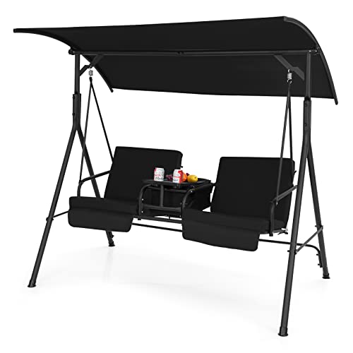 Tangkula 2 Person Porch Swing, Outdoor Swing with Pivot Storage Table, Cooler Bag, 2 Cup Holders, Removable Cushions
