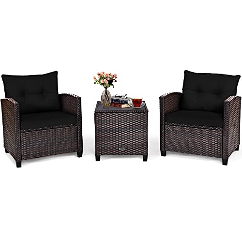Tangkula 3 Pieces Patio Furniture Set, PE Rattan Wicker 3 Pcs Outdoor Sofa Set w/Washable Cushion and Tempered Glass Tabletop