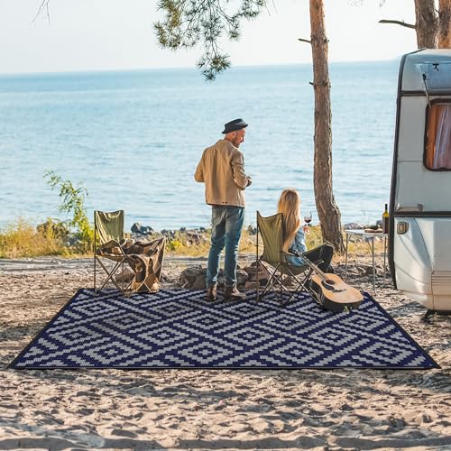 GENIMO Outdoor Rug for Patio Clearance, 6'x9' Waterproof Camping Mat, Reversible Plastic Straw Rugs for RV, Camper, Balcony, Backyard, Picnic, Deck (Blue & Grey)