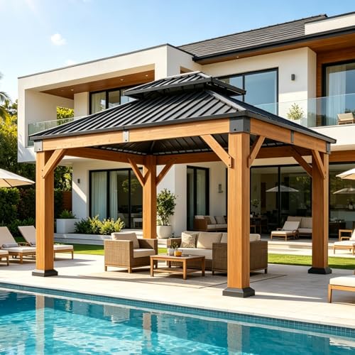 Aoxun 10' x 12' Outdoor Wood Gazebo, Hardtop Gazebo Permanent Wooden Pavilion with Galvanized Steel Double Roof, for Patio