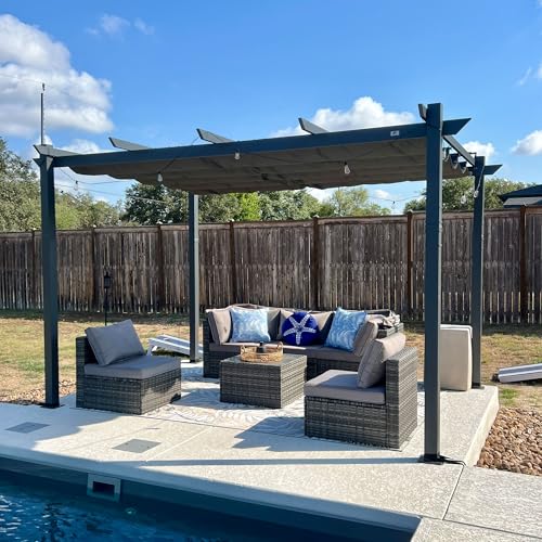 PURPLE LEAF 10' x 13' Aluminum Outdoor Pergola Wind-Resistant Retractable Pergola with Double Sun Shade Canopy Heavy-Duty Met