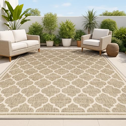 JONATHAN Y Moroccan Trellis Indoor Outdoor Area Rug 8X10 Brown/Beige, Trebol Textured Weave for Backyard, Patio, Porch