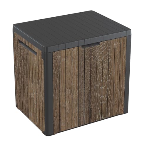 Keter Signature Everwood 30 Gallon Resin Outdoor Storage Box and Patio Furniture Side Table for Pool and Garden Accessories