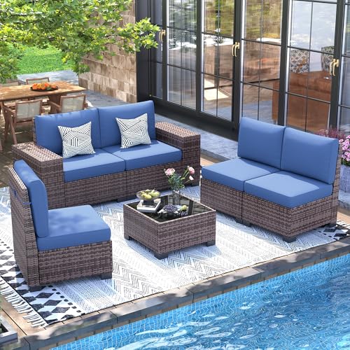 UDPATIO Patio Furniture Set, 8 Inch Armrest Outdoor Sectional Sofa with Wicker Coffee Table, 6 Piece Conversation for Garden