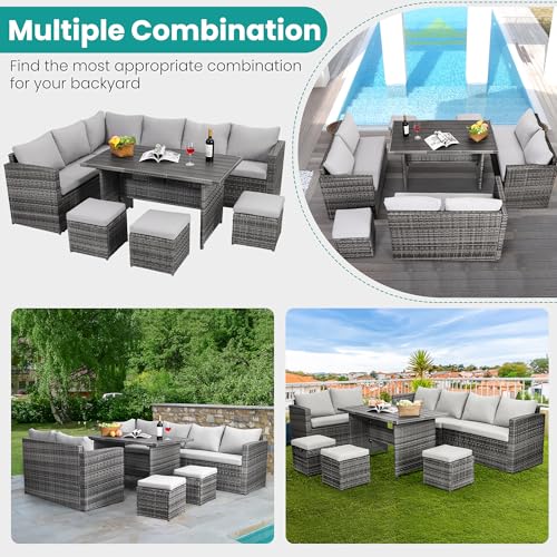 Wumiokio Patio Furniture Set, 7 Pieces Outdoor Patio Furniture with Dining Table&Chair, All Weather Wicker Conversation Set with Ottoman,Grey (Include Sofa Dust Cover)
