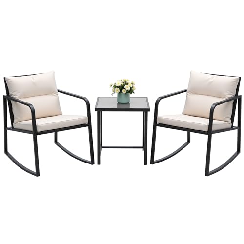 Devoko 3 Piece Rocking Bistro Set Wicker Patio Outdoor Furniture Porch Chairs Conversation Sets with Glass Coffee Table (Beig