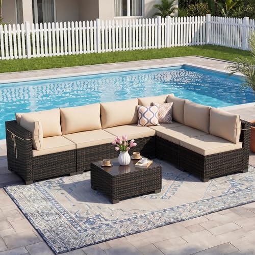 CHABATREE 7pcs Outdoor Patio Furniture Sets, Rattan Conversation Sectional Set