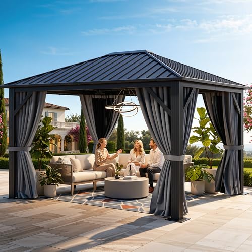 YITAHOME 10'X12' Single Hardtop Gazebo Metal Outdoor Patio Galvanized Iron Aluminum Column Garden Tent Curtains Netting for B