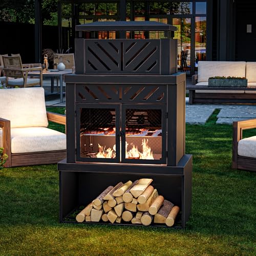 Outdoor Fireplace with Chimney and Wood Storage, Metal Wood Burning Fire Pit with Heat Resistant Gloves
