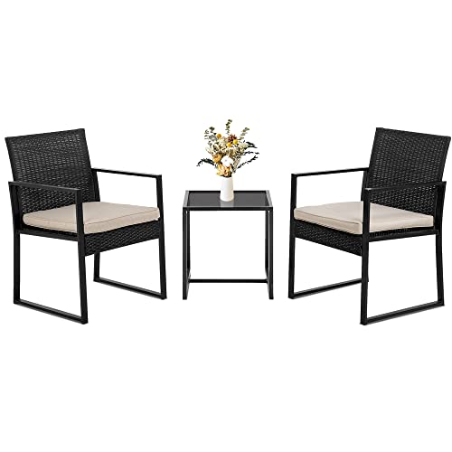 FDW | 3-Piece Patio Furniture Set | Khaki |Outdoor Wicker Furniture with Coffee Table | Modern Rattan Chairs Conversation Set