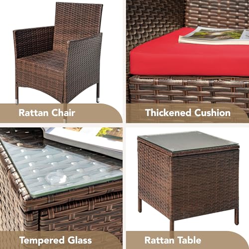 Devoko Patio Porch Furniture Sets 3 Pieces PE Rattan Wicker Chairs with Table Outdoor Garden Furniture Sets (Brown/Red)