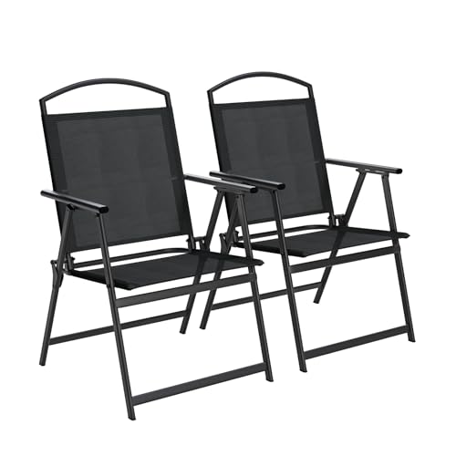 SWITTE Folding Patio Chairs Set of 2, Outdoor Dining Chairs with Armrests, Breathable Textilene & Steel Frame for Lawn