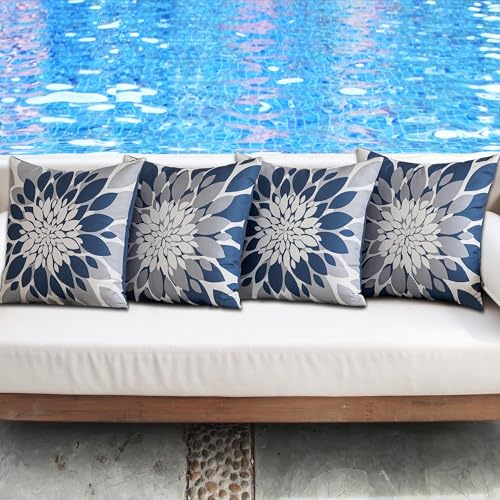 Qahing Pack of 4 Outdoor Waterproof Pillow Covers 18x18 Decorative Outdoor Throw Pillows Garden Square Cases for Patio Furniture, Couch, Tent Sunbrella, Bench, Blue Grey