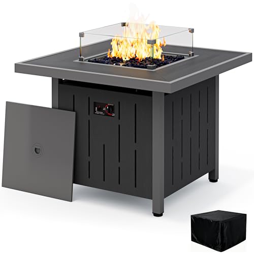 SERWALL 33" Outdoor Fire Pit Table, 50, 000 BTU Square Propane Fire Pit Table with Lid, Glass Rock & Glass Wind Guard