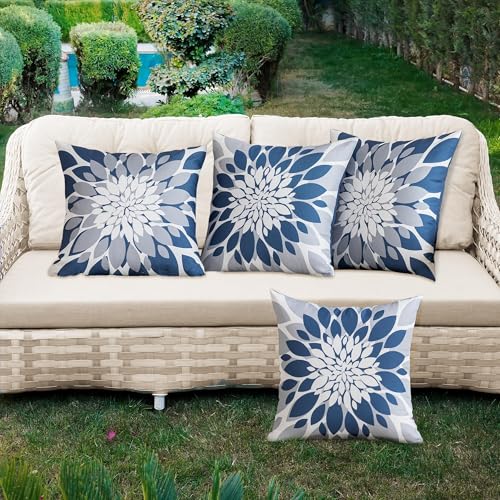 Qahing Pack of 4 Outdoor Waterproof Pillow Covers 18x18 Decorative Outdoor Throw Pillows Garden Square Cases for Patio Furniture, Couch, Tent Sunbrella, Bench, Blue Grey