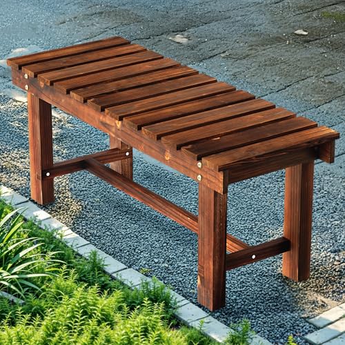 35.5" Outdoor Garden Bench, Weatherproof Patio Benches 2-Person Seat Backless Wooden Porch Bench
