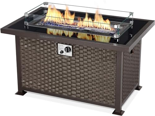 U-MAX 44in Outdoor Propane Gas Fire Pit Table, 50, 000 BTU Auto-Ignition Gas Firepit with Glass Wind Guard