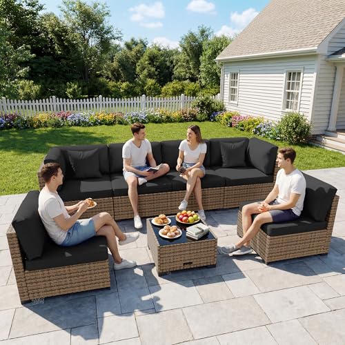 LHBcraft 7 Pieces Outdoor Furniture Set, Wicker Furniture Patio Conversation Sets with Tea Table and Thickened Black Cushions
