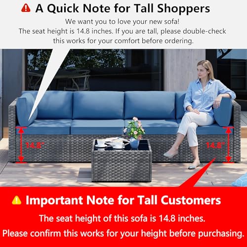 Shintenchi 5 Pieces Outdoor Patio Furniture Sets, Patio Sectional Sofa Couch, Gray PE Wicker Furniture Modular Patio Conversation Sets Patio Sofa with Washable Cushions & Table(Aegean Blue)