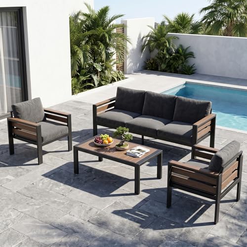 SUNYRISY Aluminum Outdoor Patio Furniture Set with Coffee Table, 4 Piece Outdoor Conversation Sets with Thick Cushions