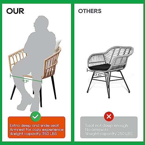 PORWEY 3 Piece Patio Bistro Set, Outdoor Wicker Apartment Balcony Furniture Sets, Rattan Table and Chairs Set of 2 for Porch Backyard Lawn Poolside Deck, Beige