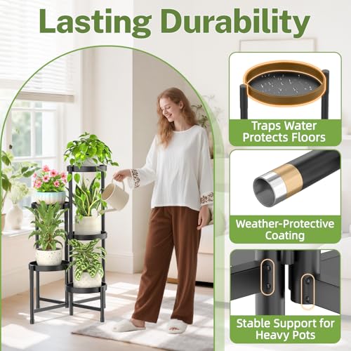 iDavosic.ly Plant Stand Indoor Outdoor, 5 Tier Corner Metal Flower Display Holder Shelf, Folding Tall Orchid Rack for Patio Balcony Porch Garden Living Room House, Black