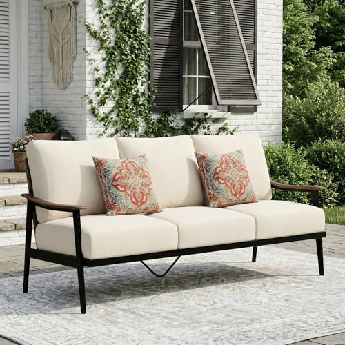 NATURAL EXPRESSIONS Patio Sofa Outdoor Furniture Metal Chair with Wicker Backrest & 6 Inches Cushion for Indoor, Front Porch