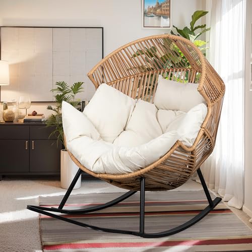 Vongrasig Wicker Egg Chair PE Rattan Rocking Chair with Cushion, Oversized Patio Lounge Rocker Chair for Outdoor, Indoor
