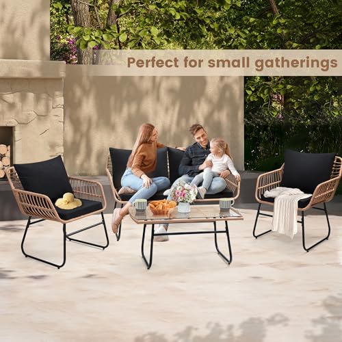 Kromax 4 Piece Patio Bistro Outdoor Furniture Set, Wicker Sofa, 2 Rattan Chairs, and Table, Backyard Conversation Set, All Weather Cushions, Natural Rattan Black Cushion