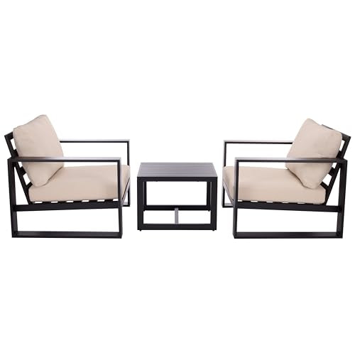 SAFAVIEH Outdoor Patio Furniture Collection – Fash Black & Taupe Cushion 3-Piece Living Set