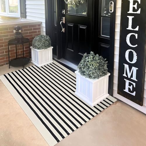 KILOCOCO Beige Striped Rug 3x5 Indoor Outdoor Rugs Front Door Rugs Hand Woven Cotton Washable Striped Layered Doormats for Fr