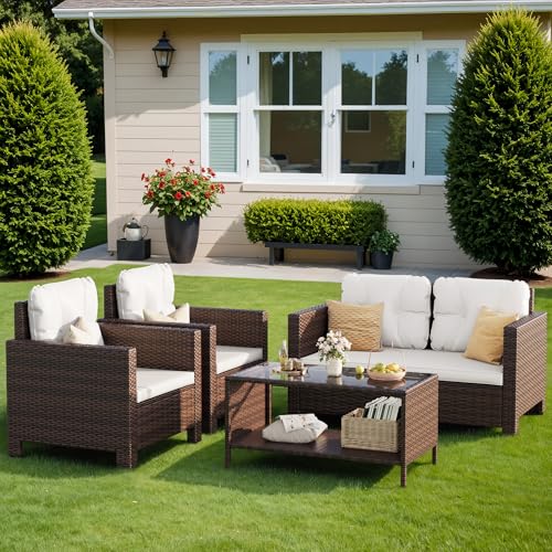 Homall 4 Pieces Patio Furniture Sets Rattan Chair Wicker Conversation Sofa Set, Outdoor Indoor Backyard Porch Garden Poolside Balcony Use (Beige)