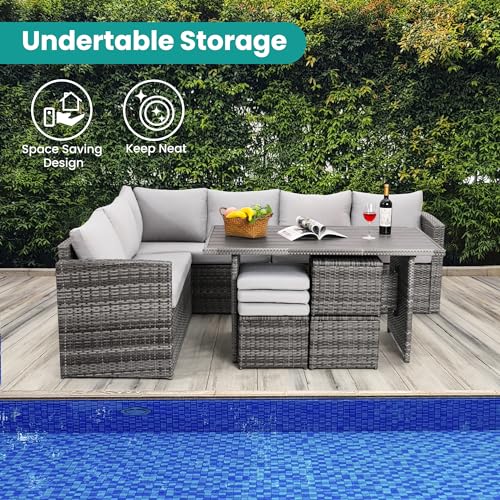 Wumiokio Patio Furniture Set, 7 Pieces Outdoor Patio Furniture with Dining Table&Chair, All Weather Wicker Conversation Set with Ottoman,Grey (Include Sofa Dust Cover)