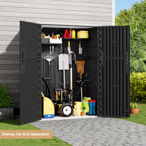 KINYING Outdoor Vertical Storage Shed,57 Cu.ft Outdoor Storage Cabinet Waterproof,Resin Sheds & Outdoor Storage Clearance for Garden,Patio,Backyard,Lockable (Black)