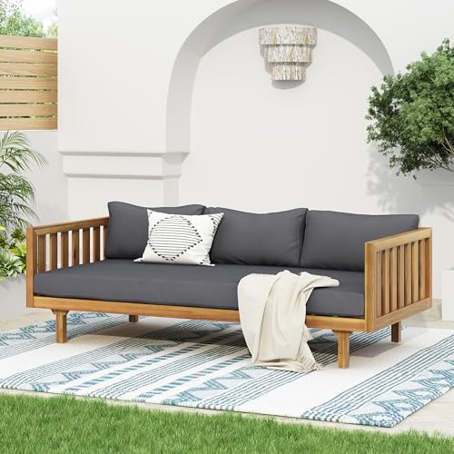 Christopher Knight Home Claremont Outdoor 3 Seater Acacia Wood Daybed with Fabric Water Resistant and Removable Cushions