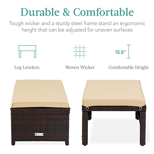 Best Choice Products Set of 2 Wicker Ottomans, Multipurpose Outdoor Furniture for Patio, Backyard, Additional Seating, Footrest, Side Table w/Removable Cushions, Steel Frame - Brown/Tan