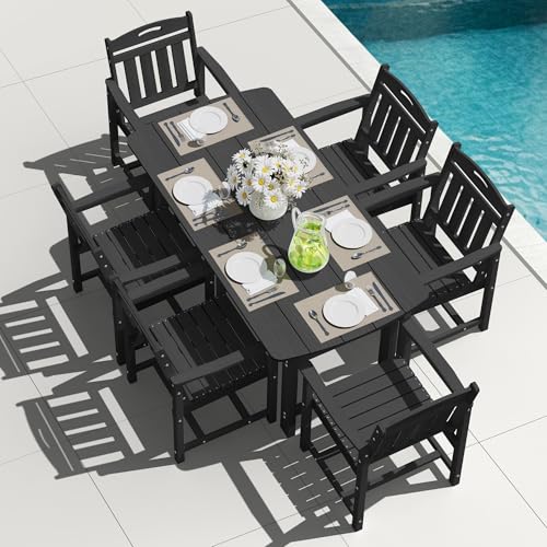 SUUNYN HDPE Outdoor Dining Set, Patio Table and Chairs Set, All-Weather 7-Piece Outside Table and 6 Chairs, 2" Umbrella Hole