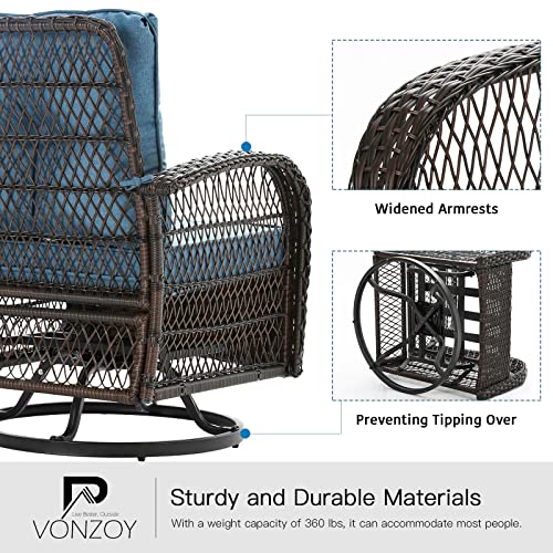 VONZOY 3 Pieces Patio Furniture Set, Outdoor Swivel Glider Rocker, Wicker Patio Bistro Set with Rocking Chair, Thickened Cushions and Table for Porch (Blue)
