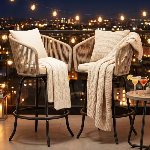 YITAHOME 27" Bar Stools Set of 2 with Arms & Cushions, 360° Swivel Outdoor Bar Stools