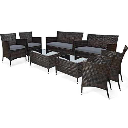COSTWAY 8PCS Rattan Patio Furniture Set, Outdoor Wicker Rattan Chairs with Coffee Table