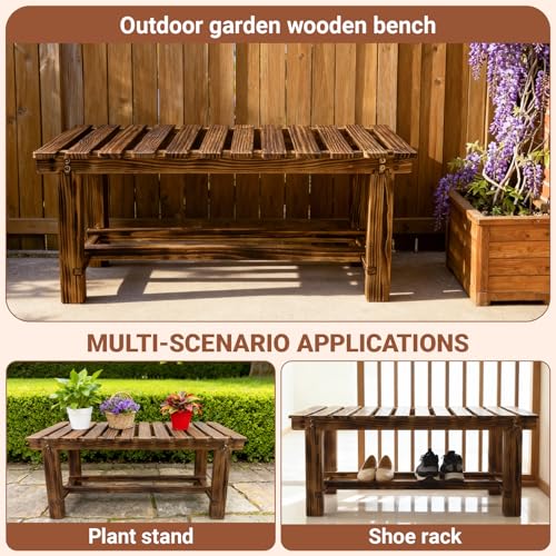 HAOIOKSC 35.5" Outdoor Garden Bench, Weatherproof 2-Person Backless Wooden Bench with Mortise-Tenon Structure – for Garden, Lawn, Porch, Backyard (Brown