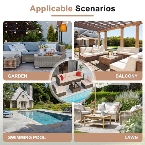 Shintenchi 6 Pieces Patio Furniture Sets Outdoor All-Weather Sectional Patio Sofa Set PE Rattan Manual Weaving Wicker Patio Conversation Set with Glass Table&Ottoman Cushion and Red Pillows, Beige
