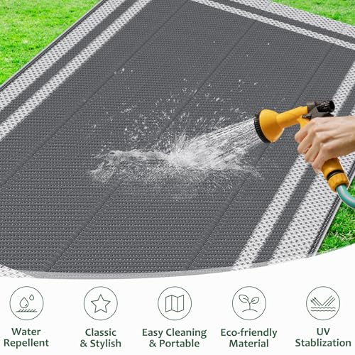 HappyTrends Outdoor Rug Reversible Portable Plastic Straw Camping Rugs for Outside RV,Large Waterproof Outdoor Area Rugs for Patio,Deck,Porch,Balcony(5'x 8',White&Gray)