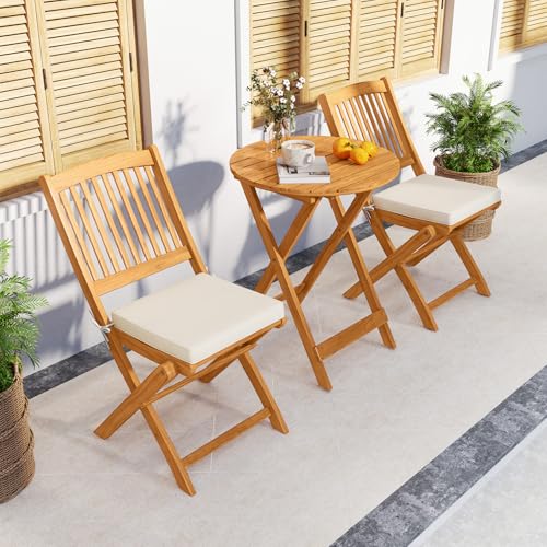 Tangkula 3 Pieces Acacia Wood Patio Folding Bistro Set, Outdoor Table and Chairs Set with Soft Cushions, Patio Furniture Set for Porch, Balcony, Garden, Deck and Backyard