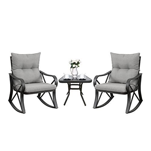 COSIEST 3 Piece Bistro Set Patio Rocking Chairs Outdoor Furniture w Warm Gray Cushions, Glass-Top Table for Garden, Pool