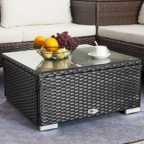 DIMAR GARDEN Outdoor Coffee Table Wicker Patio Side Table with Glass Top, 25.2in Black
