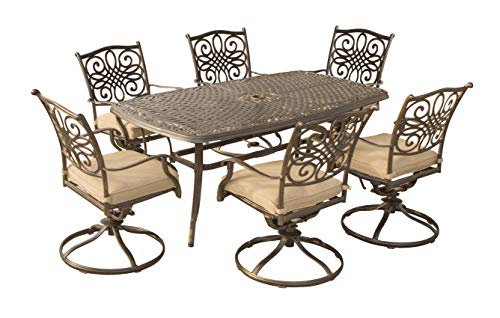 Hanover Traditions 7-Piece Patio Dining Set with 6 Swivel Rocker Chairs, Tan Cushions and Large 38"x72" Dining Table
