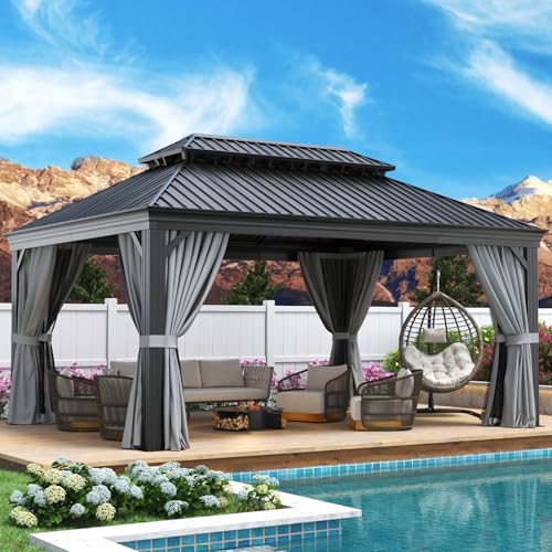 Aoxun 12' X 16' Hardtop Gazebo with Drainage System, Aluminum Outdoor Gazebo with Galvanized Steel Double Roof