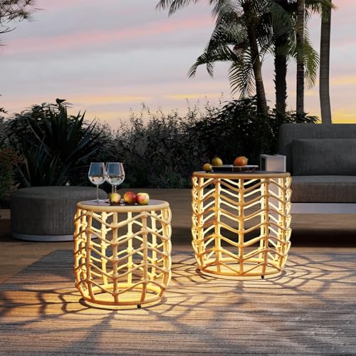 Solar Yard Boho Solar Nesting Tables with Built-in Lights - Set of 2, Weather-Resistant Wicker for Patio, Porch, Garden, Perfect Side Table for Outdoor Living, Natural & Stylish Design