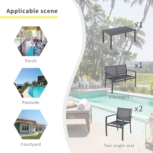 Shintenchi 4 Pieces Patio Furniture Set All Weather Textile Fabric Outdoor Conversation Set, with Glass Coffee Table, Loveseat, 2 Single Chairs for Home, Garden, Lawn, Porch(Gray)